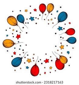 Balloon festive frame. Hand drawn birthday celebration design. Sketch holiday badge. Carnaval doodle burst