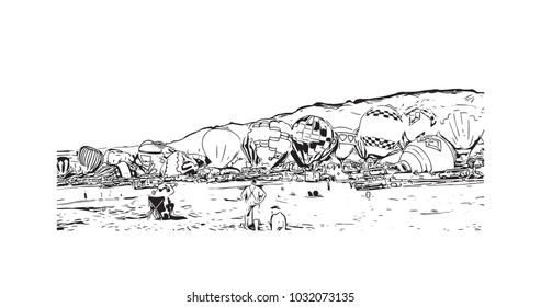 Balloon Fiesta of Albuquerque City in New Mexico. Hand drawn sketch illustration in vector.