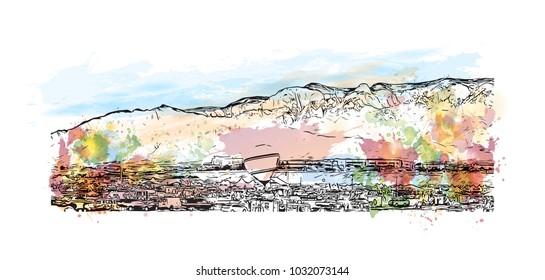 Balloon Fiesta of Albuquerque City in New Mexico. Watercolor splash with Hand drawn sketch illustration in vector.