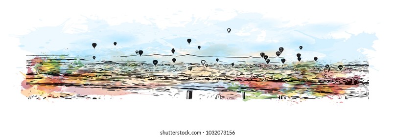 Balloon Fiesta of Albuquerque City in New Mexico. Watercolor splash with Hand drawn sketch illustration in vector.
