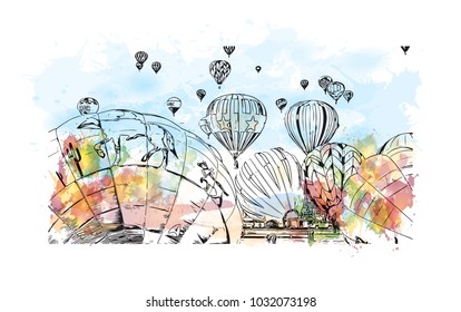 Balloon Fiesta of Albuquerque City in New Mexico. Watercolor splash with Hand drawn sketch illustration in vector.