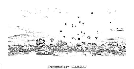 Balloon Fiesta of Albuquerque City in New Mexico. Hand drawn sketch illustration in vector.