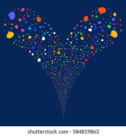 Balloon fireworks stream. Vector illustration style is flat bright multicolored iconic symbols on a blue background. Object double fountain constructed from random icons.