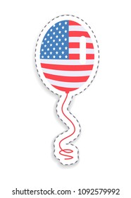 Balloon fixed with help of thread, having American flag print made up of stripes and stars, sticker vector illustration isolated on white background