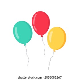 Icono plano de globo. . Montón de globos para el cumpleaños y la fiesta. Balón volador con cuerda. Balón azul, roja y amarilla aislada sobre fondo blanco. globo de dibujos animados para celebrar y carnaval. Vector.