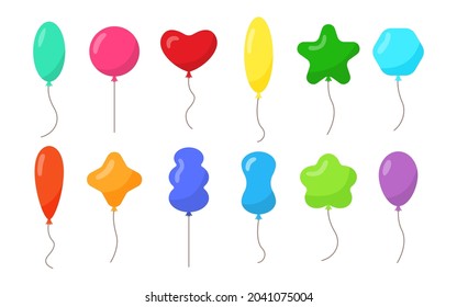 Balloon flat style set. Decor for birthday, party. Flying balls with rope. Colorful balloons isolated on white background. Cartoon object for celebration, advertising, anniversary. Vector illustration