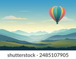 Balloon flies against the backdrop of a beautiful mountain landscape. Aerostat flies in the sky against the backdrop of high mountains and green fields. Hot air balloon vector illustration.
