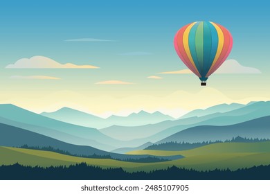 Balloon flies against the backdrop of a beautiful mountain landscape. Aerostat flies in the sky against the backdrop of high mountains and green fields. Hot air balloon vector illustration.