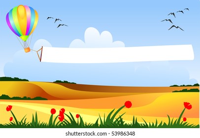 A balloon flies dragging a white banner, vector