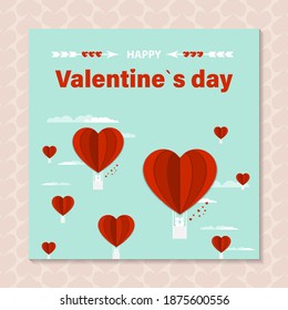 Balloon flies into sky with lovers. Valentine's Day concept. Holiday banner with hot air heart balloon. vector illustration.