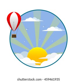 Balloon flies on a background of clouds and sun. Plane and travel icon. Flat design