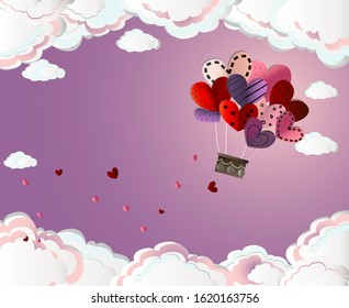 Balloon flight in the cloudy sky. Festive, extraordinary and delicate card for lovers. Violet background. Valentine's Day.