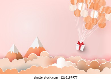 Balloon floating with Gift Box over sky,Paper art style.