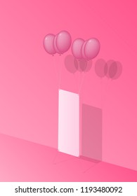 Balloon floating hold white banner. Used pink color shade for decoration.