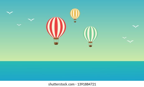 Balloon floating in the sea. wallpaper free space for text. copy space. travel poster.