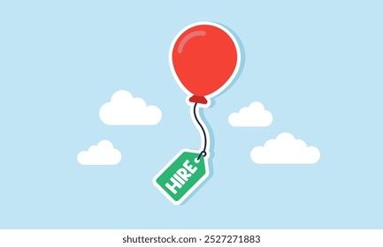 Um balão flutuante com uma corda presa a uma etiqueta rotulada "ALUGAR", ilustrando a estratégia promocional da empresa para contratar funcionários