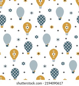 Сute balloon with flower pattern. Childish print with flying vehicle isolated on white background. Scandinavian kids seamless print. Fun air travel for baby fabric, textile. Cartoon nursery wallpaper.