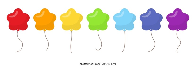 Balloon flowers rainbow colors air with rope flat style set. Balls isolated on white background. Happy birthday, party concept, advertising, anniversary, cards. Lgbt friendly. Vector illustration