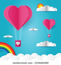 Balloon flying on the sky with heart float and rainbow on the sky, valentine day, vector paper cut.