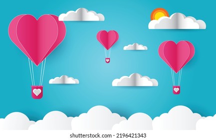 Balloon flying on the sky with heart float , illustration of love and valentine day, vector paper cut.