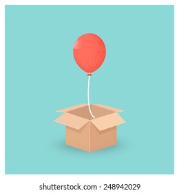 Balloon Flying Out of the Cardboard Box. Thinking Outside the Box Concept