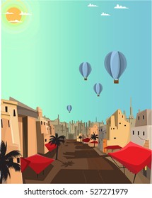 Balloon flying over arabic city landscape/ Editable Eps 10.