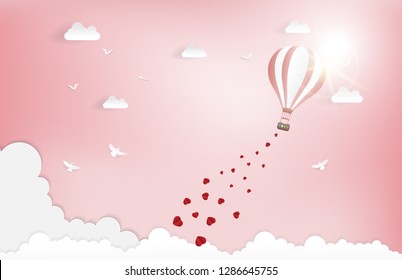 Balloon flying over Cloud with heart float on the sky. and scatter heart in the sky, vector art and illustration of love and valentine, Digital paper craft style.Paper art of pink background.