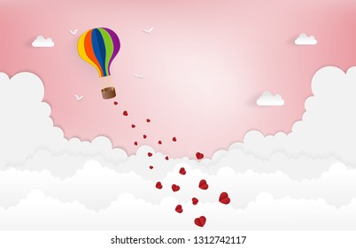 Balloon flying over Cloud with heart float on the sky. and scatter heart in the sky, vector art and illustration of love and valentine, Digital paper craft style.Paper art of pink background.