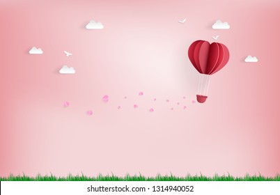 Balloon flying over Cloud with pink heart float on the sky.Illustration of Love and Valentine day, in the meadows , Digital paper craft style.Paper art of pink background.