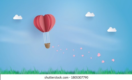 Balloon flying over Cloud with pink heart float on the sky. and scatter pink heart in the sky, vector art and illustration of love and valentine Digital paper craft style.Paper art of pastel backgroun