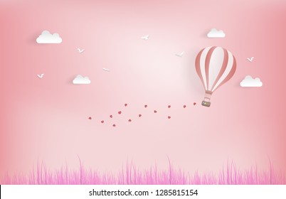 Balloon flying over grass with heart float on the sky. and scatter heart in the sky, vector art and illustration of love and valentine, Digital paper craft style.Paper art of pink background.