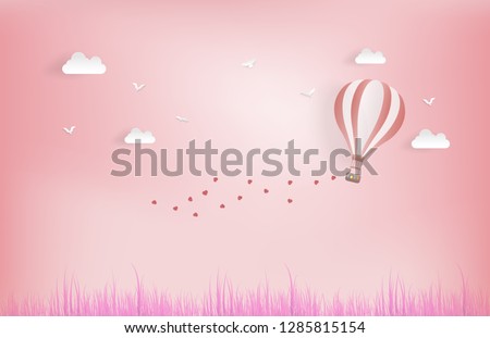 Balloon flying over grass with heart float on the sky. and scatter heart in the sky, vector art and illustration of love and valentine, Digital paper craft style.Paper art of pink background.