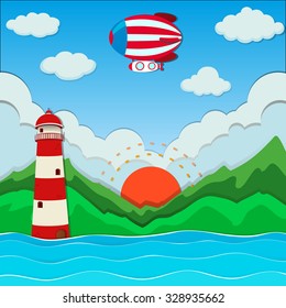 Balloon flying over the ocean illustration
