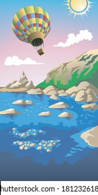 Balloon flying over the sea, vector illustration