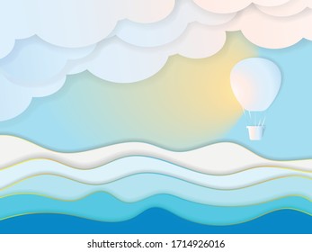 balloon flying over water - vector illustration in paper cut-out style, eps