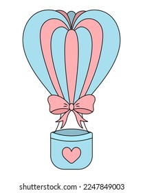 Balloon. The flying balloon in the shape of a heart is decorated with a pink bow and a heart. Color vector illustration. The basket is attached to the ball with cables. Isolated background. 