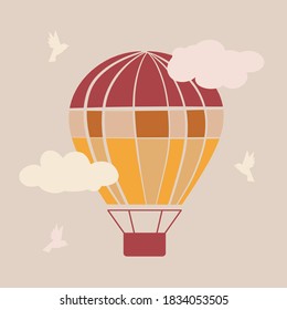 Globo volando en el cielo con nubes. Diseño de dibujos animados planos. Fondo vectorial.