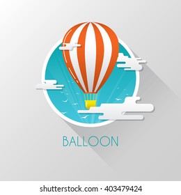 Balloon flying in the sky. Flat style. Vector illustration.