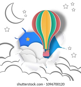 Balloon flying through paper of hand drawing sky and moon, vector paper art 