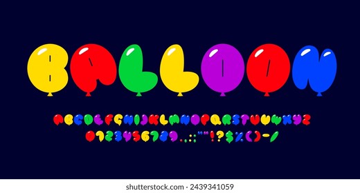 Balloon font, bubble typeface, birthday party type, festive carnival english alphabet. Funny font typeset, childish latin alphabet cartoon vector letters and digits or English ABC with color balloons