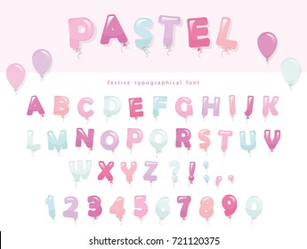 Balloon font design in pastel colors. Cute ABC letters and numbers. For birthday, baby shower celebration.