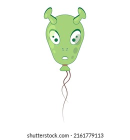 Balloon in the form of a green alien head with shadows and highlights. UFO day. Decoration helium Flying balloon with rope. Decoration for holidays and birthday. Vector isolated on white background.