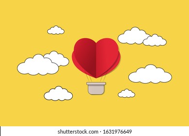 Balloon in the form of a heart among clouds on a yellow background vector illustration. Valentine's day greeting card, background or banner