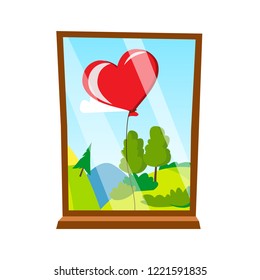 Balloon In The Form Of Heart Outside The Window Vector. Isolated Illustration

