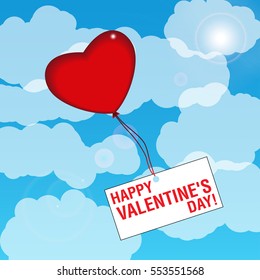 Balloon in the form of heart in the sky with sign Happy Valentine's day. Vector illustration