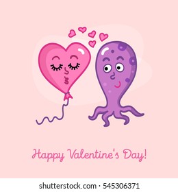 Balloon in the form of a heart wants to kiss octopus. Happy Valentine's day Card
