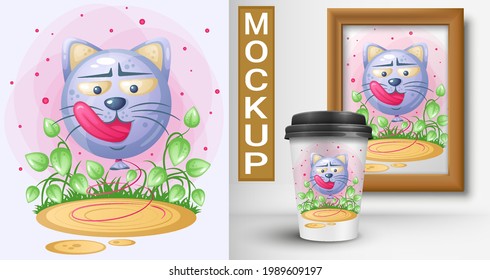 Balloon in the form of a licking cat. Cartoon illustration.