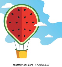 balloon in the form of a watermelon on the background of the sky with clouds. vector illustration.