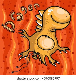 Balloon in the form of a yellow dragon against the background of the fiery sky with the text Dragon