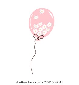 Balloon full of daisies. Flying helium balloon with rope isolated on white background.